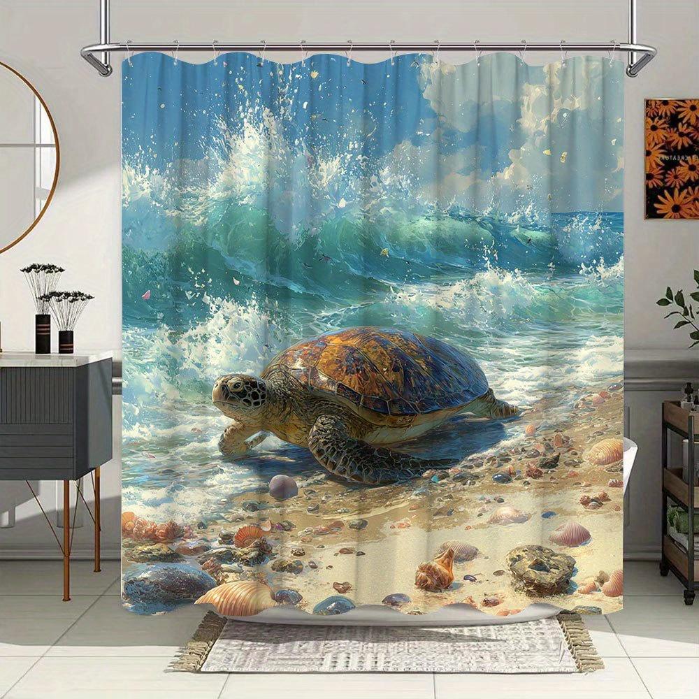 1pc Sea Turtle & Turquoise Waves Shower Curtain - Vibrant Coastal Ocean-Themed Polyester Bathroom Decor with Seashells