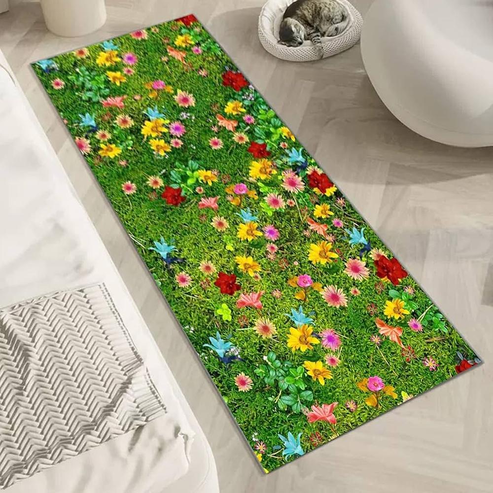 Colorful Wildflower Print Runner Rug Soft Flannel Washable Floor Mat for Kitchen Bedroom Entryway Nature Themed Home Decor