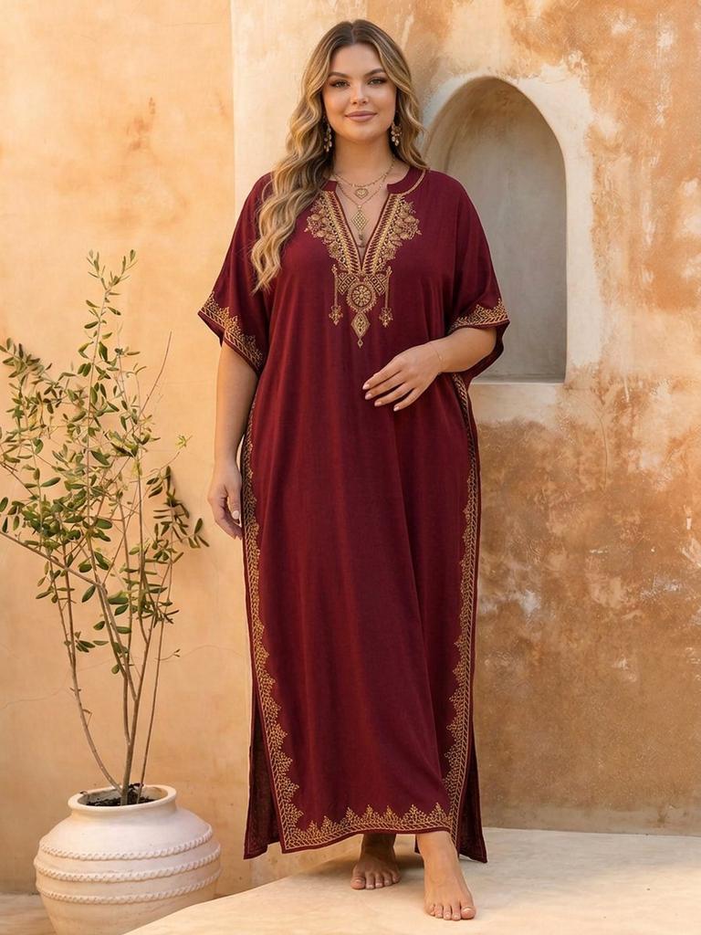 Women's Plus Size Loose Embroidery Kaftan V Neck Short Sleeve Side Split Long Caftan Beach Coverup Maxi Dress Holiday Resort Vacation Outfit  Q1545