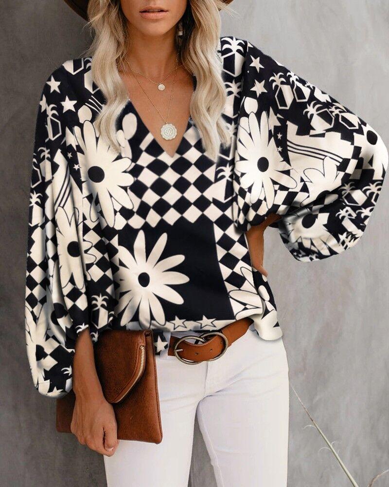1116 eBay New, European and American Style V-neck Color Lantern Sleeve Shirt, Women's Shirt