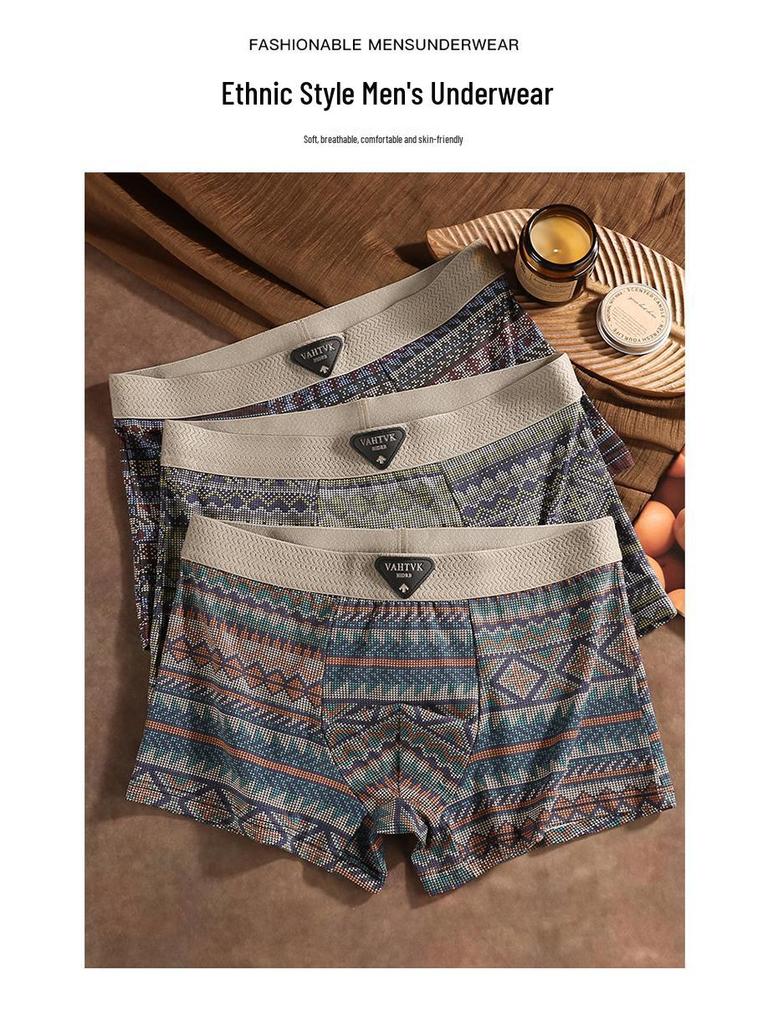 Ethnic Style Men's Pure Cotton Boxer Briefs - Comfortable, Breathable, Mid-Rise Trunks In American Light Luxury Design