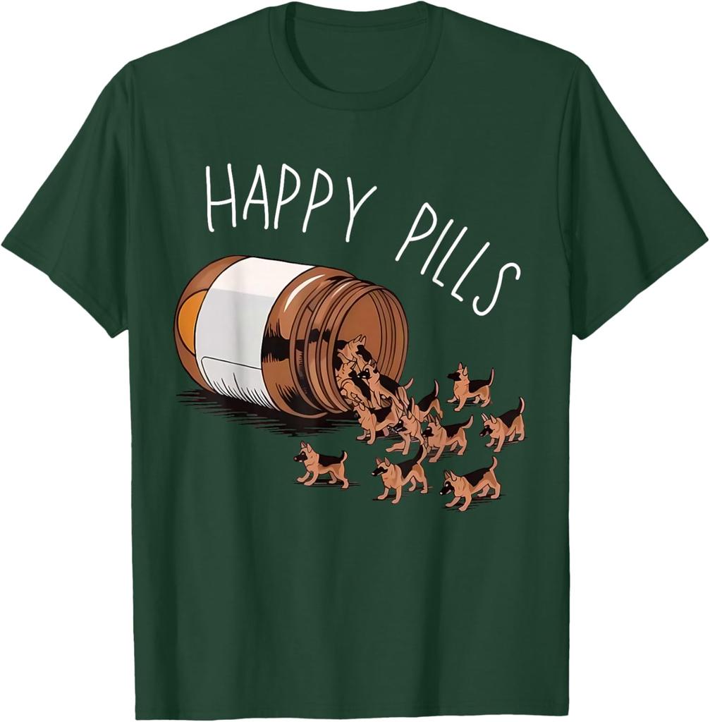 Happy Pills German Shepherd Dog Lovers Graphic Print TShirt Casual Wear Cotton Tee