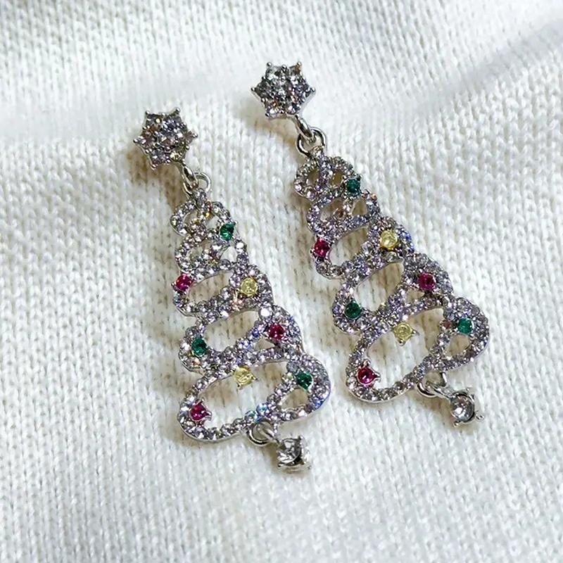 Huitan Shining Christmas Tree Drop Earrings Female Party  with Bright Colorful Zirconia Trendy Exquisite Accessories Gift