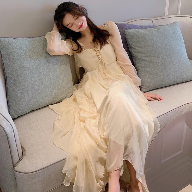 Spring Summer Elegant Flowy Mid-Length Waist-Cinching Long Sleeve Dress for Women