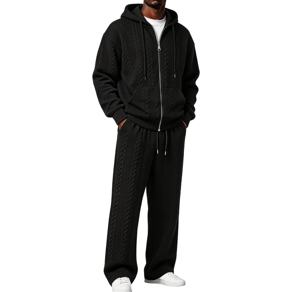 Men's Color Two Piece Hooded Zip Up Set, Casual Loose Fit Outfit