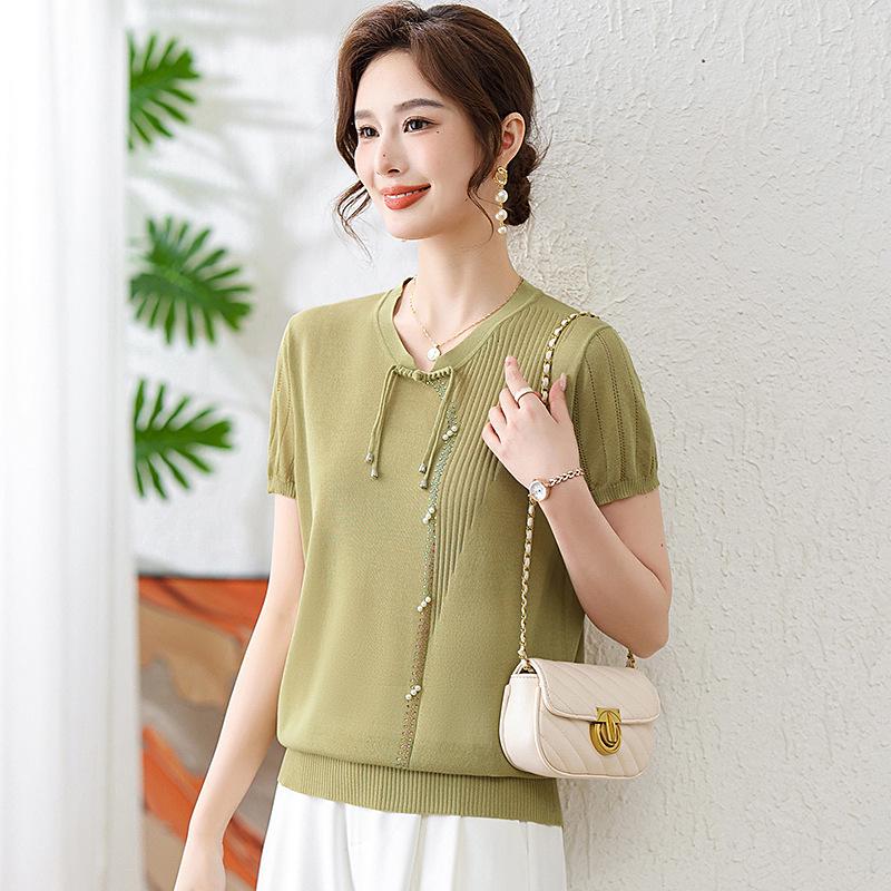 2026 Stylish Ice Silk Knit T-shirt: Summer Short-Sleeved Top for Middle-Aged & Elderly Women 5XL (approx. 150-165 jin)