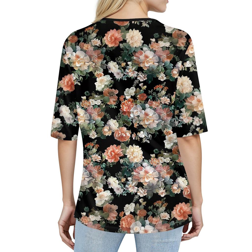 Shirts For Women Trendy Round Neck Button T Shirts Printed  Blouse Half Sleeve Tops For Women
