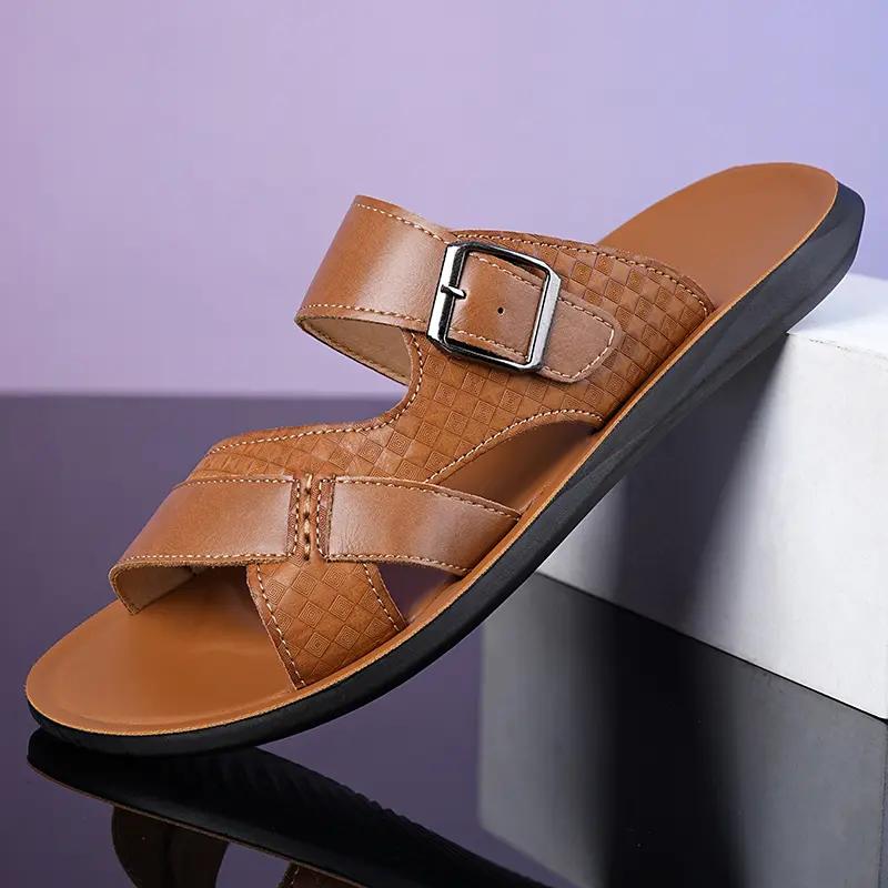 Men's Leather Slide Sandals Adjustable Buckle Casual Non-slip Summer Beach Slippers