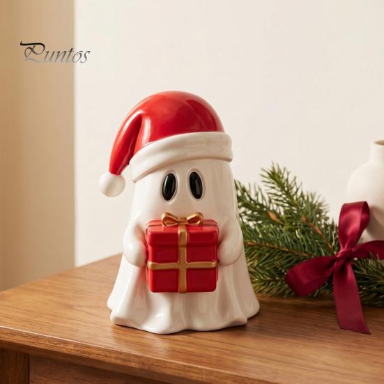 Handcrafted Resin Ghost Statues Christmas Figurine, Cute with Santa Hat Holding Gift Box Modern Minimalist Holiday Decor & Tree, Tabletop Ornament,