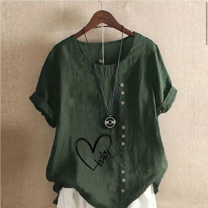 Women's Fashion Round Neck Short Sleeve T-shirt Casual Cotton Linen Graphic Shirt Leisure Loose Baby Heart Prined Summer Blouse Tops