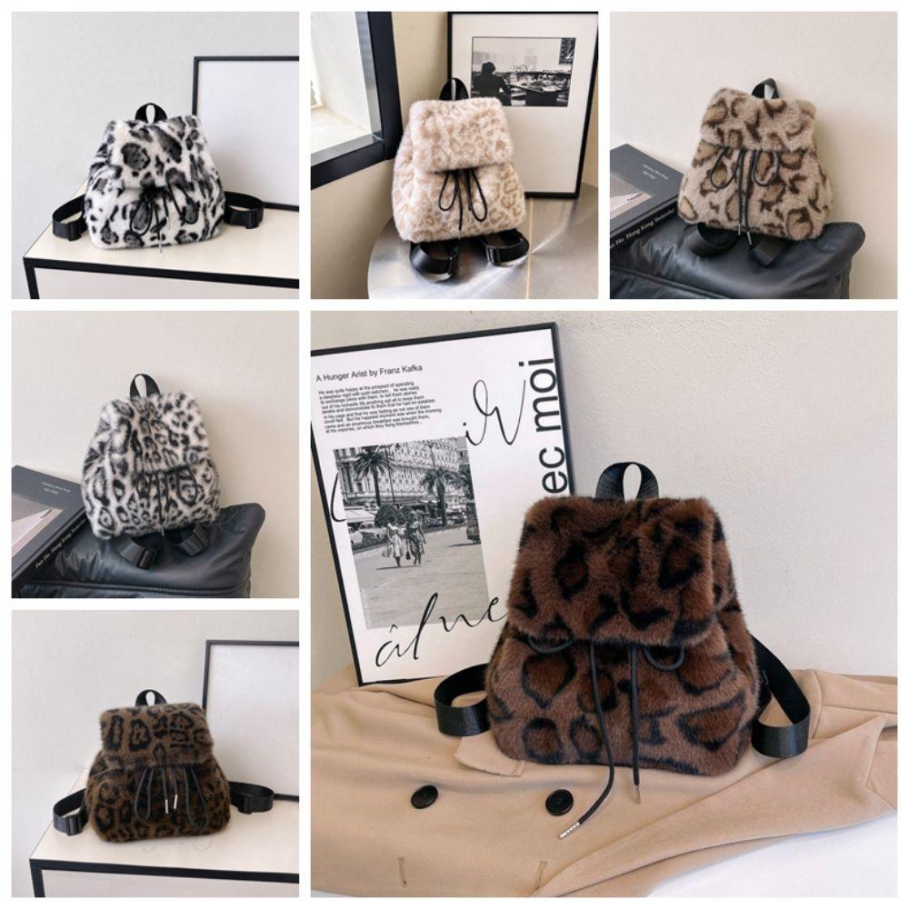 Drawstring Faux Fur Backpack Large Capacity Plush Knapsack Soft Leopard Print Daypack Girl