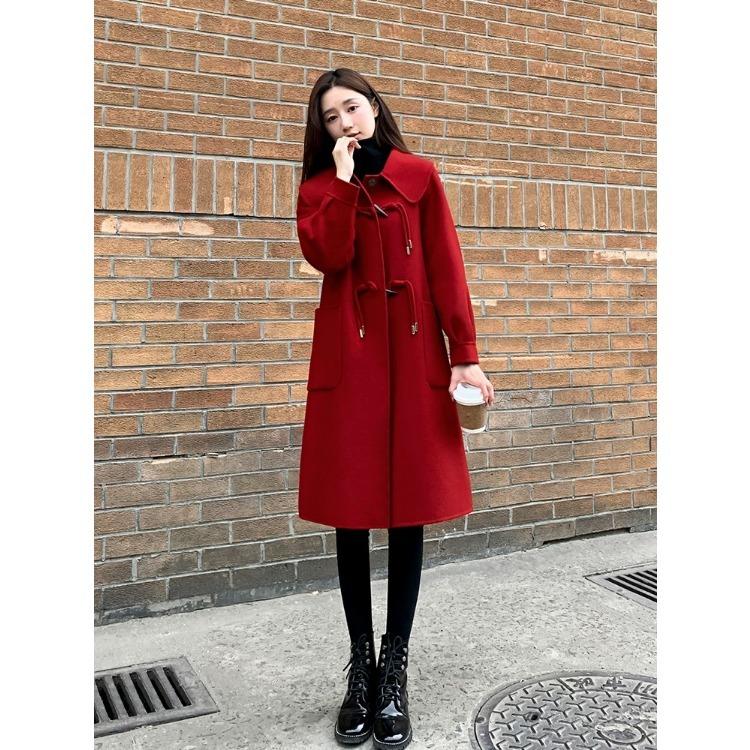 Stylish and Elegant Red Woolen Coat with Horn Buckles for Weddings and Fashionable Women