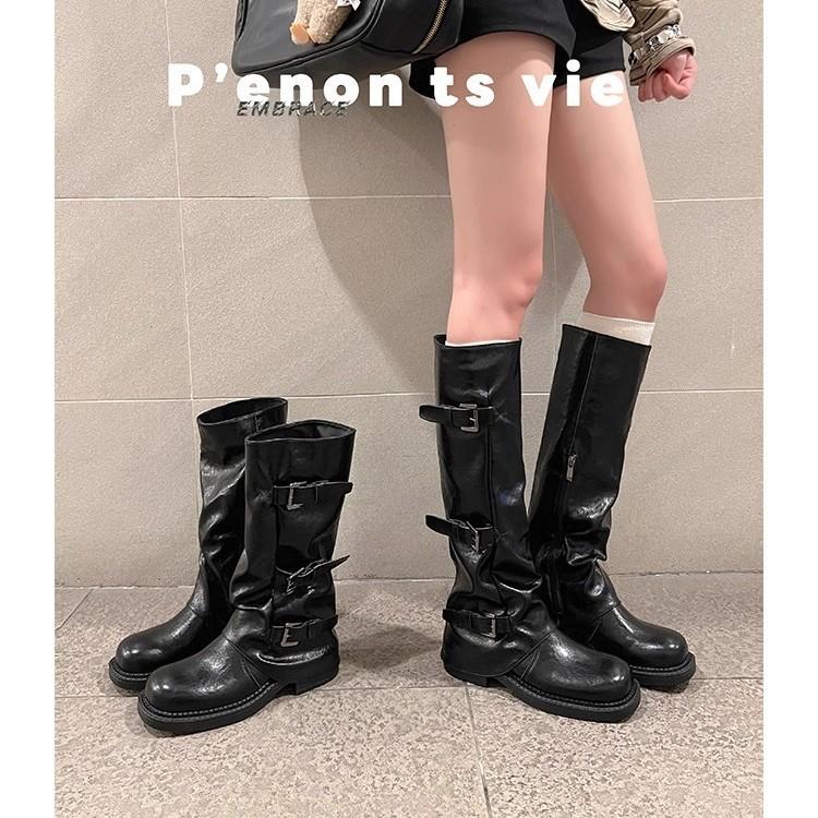 [Factory Making Goods] Retro 2025 Spring and Autumn New Fashionable Belt Buckle Square Round Head Pleated Medium Tube Martin Boots