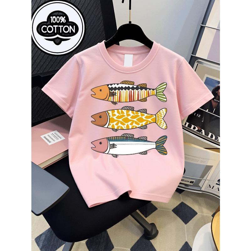 European Sizes Boys' T-Shirt Colorful Fish Pattern Print Design , Ideal for Outdoor Activities, Soft Knitted Top, Comfortable And Breathable