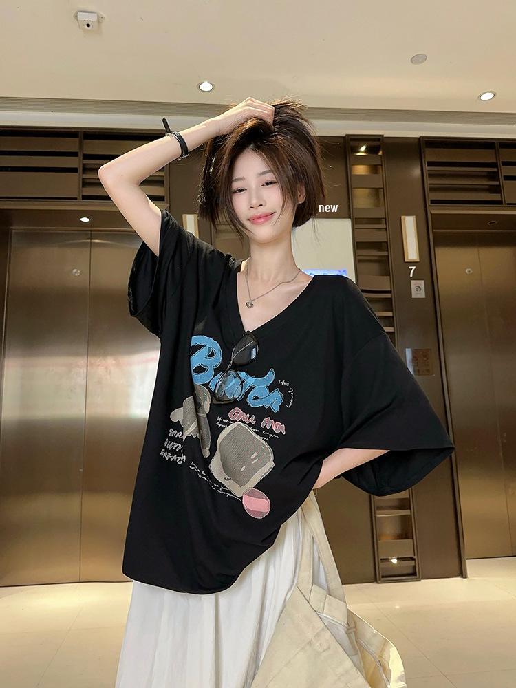 2025 Summer New Women's Influencer V-neck Loose Cartoon Print Short Sleeve T-shirt