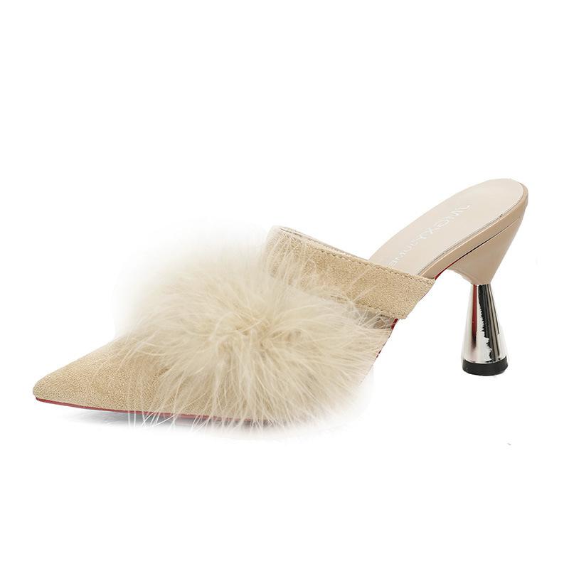 Toc subțire cu toc înalt, papuci de halat de dimineață, mărime mică, papuci pufoși și cool, de vară, versatili, cu vârf ascuțit, pentru mireasă, toamnă