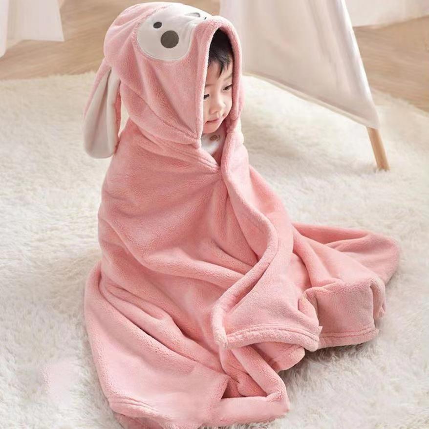 Cartoon Hooded Quick-Dry Coral Fleece Baby Poncho Towel