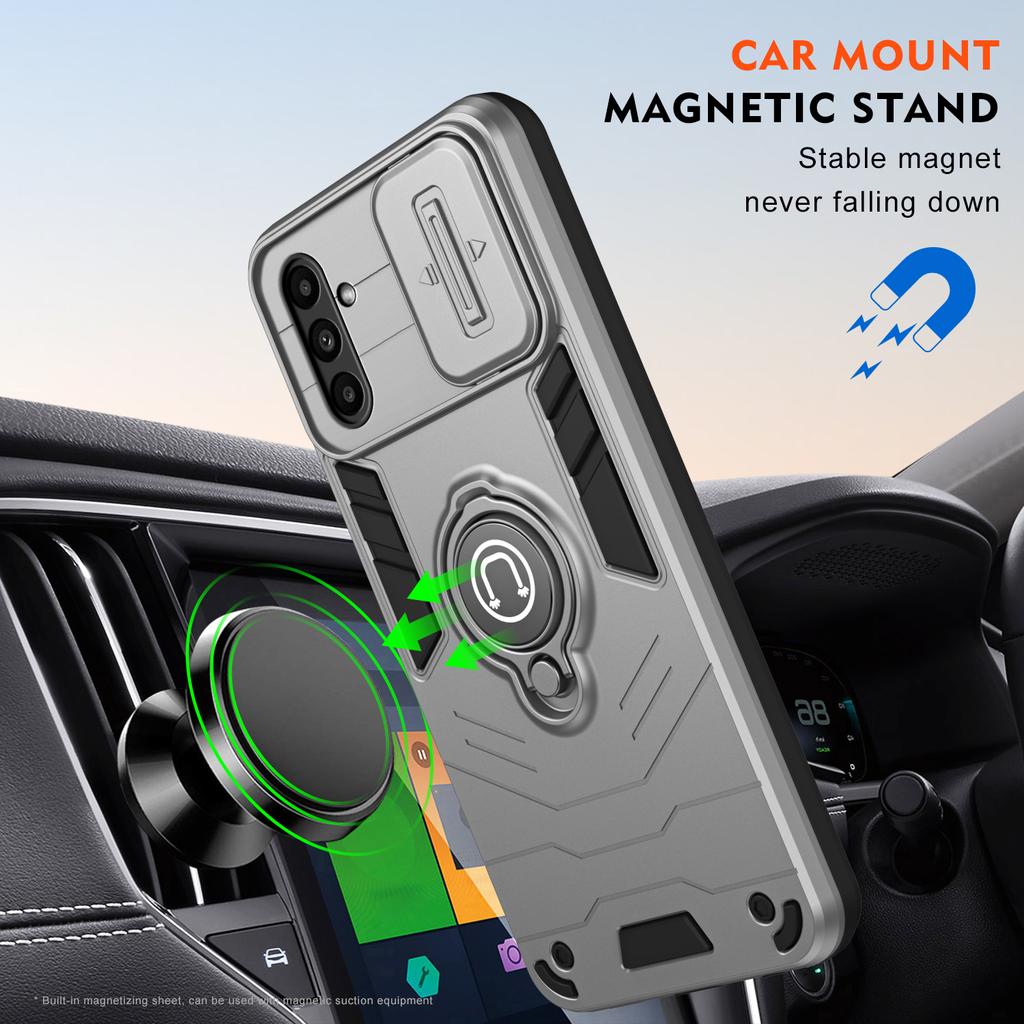 For Samsung Galaxy A14 5G/4G Case PC+TPU Ring Kickstand Phone Cover with Slide Lens Lid