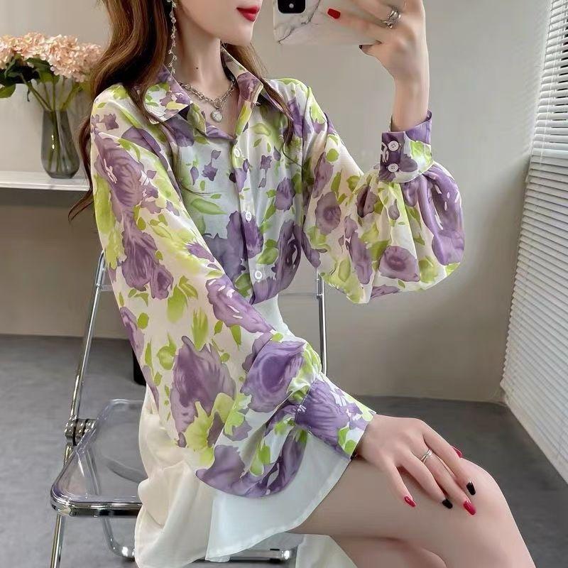 Retro Women's Printed Shirt Slim-fit Lantern Sleeve Floral Shirt Collared Chiffon Shirt Spring