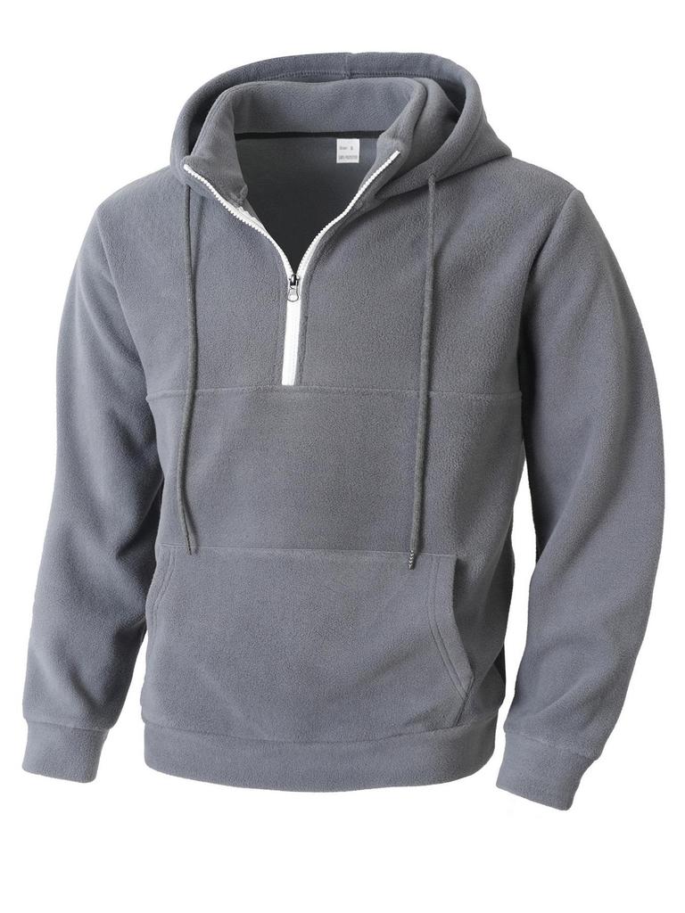 Men's Thick Hooded Sweatshirt, Stand Collar Half-Zip, Long Sleeve, Autumn/Winter, European Size, Casual Style.
