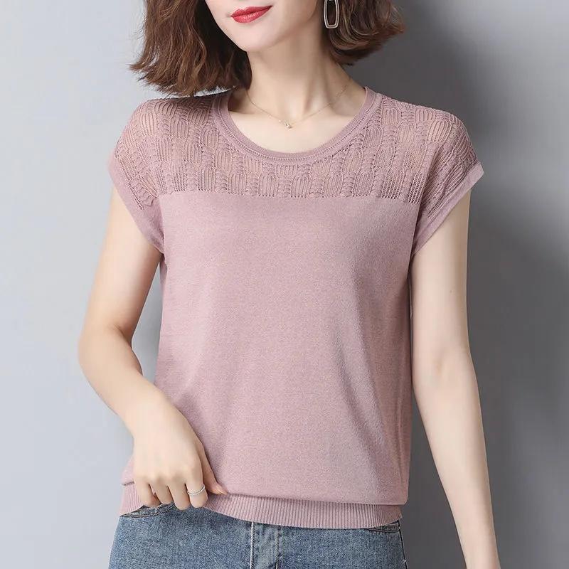 

Летняя женская одежда. Свободный розовый полый топ. Универсальная рубашка из ледяного шелка с короткими рукавами. Рубашка с тонким низом. Трикотажная дышащая футболка. 3XL розовый