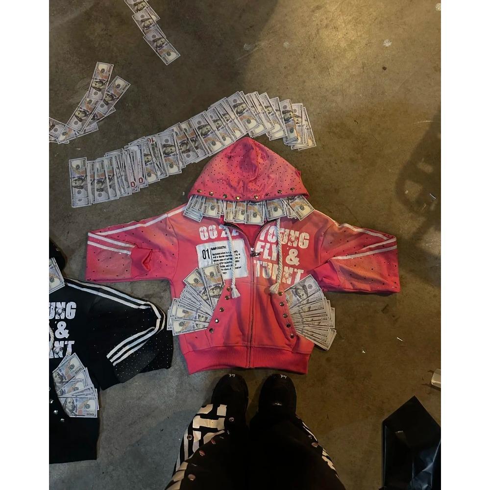 Готический панк хип-хоп выстиранный худи Y2k ретро полоска вышивка на молнии худи рок харадзюку мужской женский уличная одежда M 4177₽