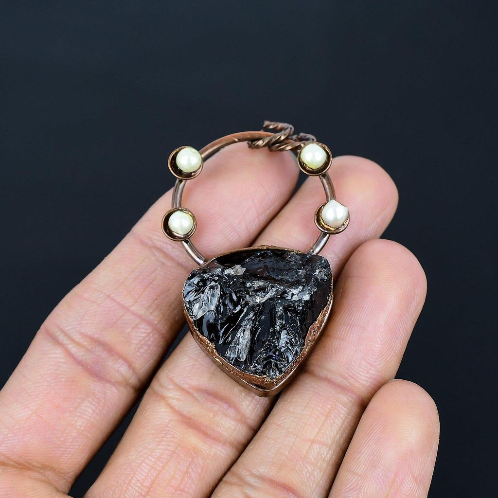 Black Onyx Rough & Mother Of Pearl Pendant Gemstone Jewelry, Copper Electroformed Pendant, Handmade Jewelry Birthstone Pendant, Gift For Him
