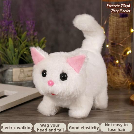 Kids Electric Plush Cat Toy Walking Head Shaking Tail Wagging Interactive Kitten Plushie Toy Toddlers Boys Girls Educational Simulation Animal Toy