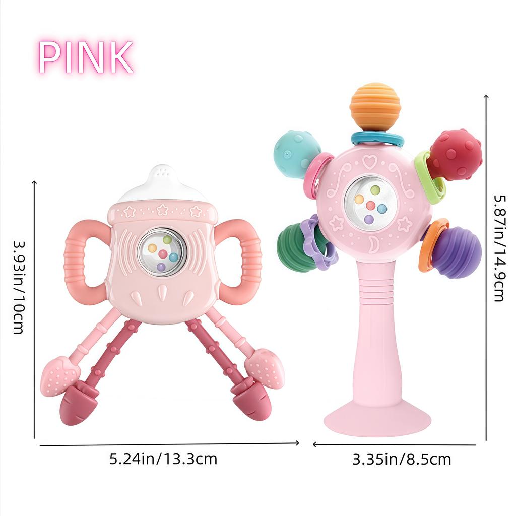 Food Grade Teething Toys Busy Rattle With Suction Cup for Babies Baby Bottle Style Sensory Teether Toys BPA Free Pacifier Toys