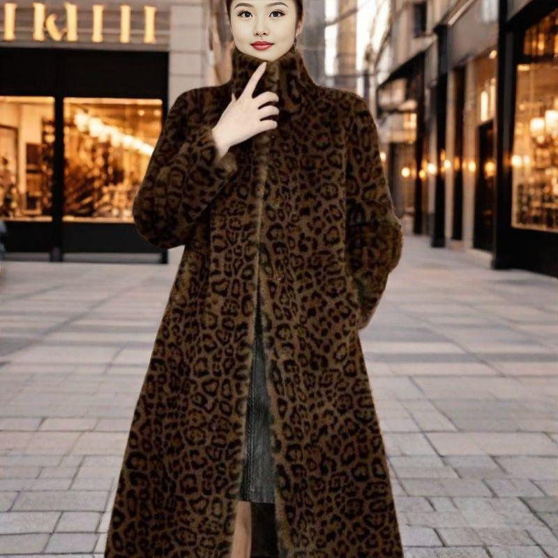 Long leopard print winter fur integrated coat fluff new thickened knee imitation fur fashion warm