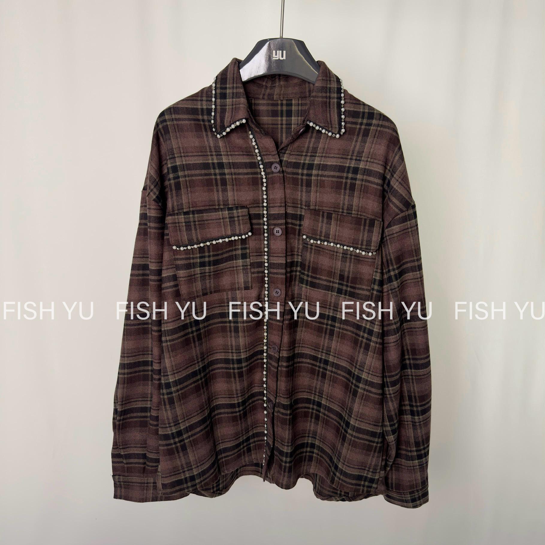 

FISHYU Thirteen Lines Early Autumn Beaded Brushed Plaid Long Sleeve Shirt One Size кофейный