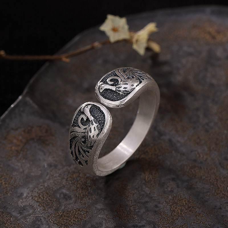 Yintai Feifei Ethnic Thai Silver Double Phoenix Openwork Ring for Men and Women Adjustable Open