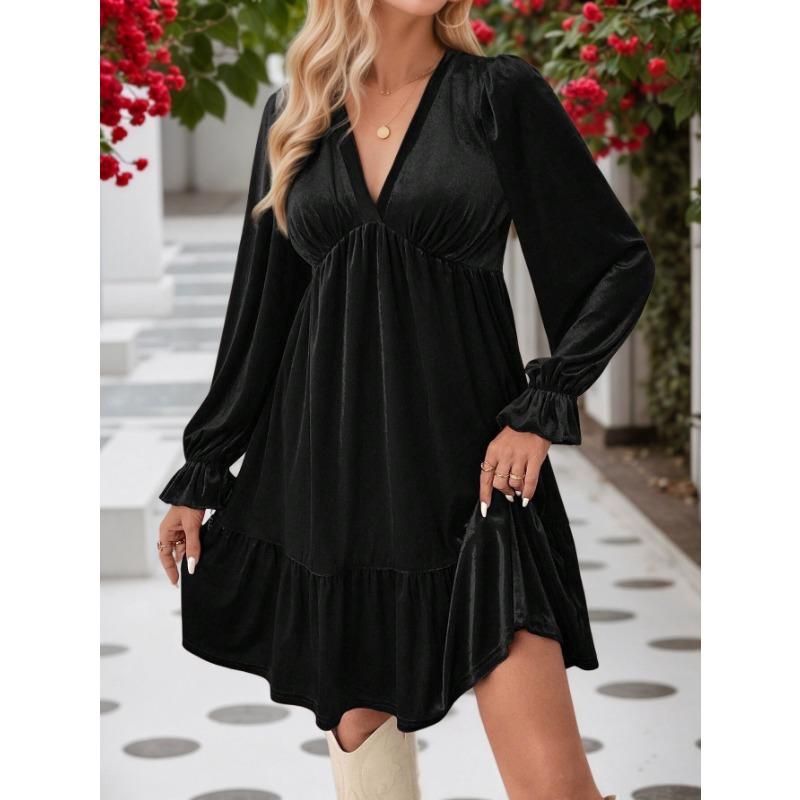 Women Elegant Velvet V Neck Long Sleeve High Waist A Line Short Dress