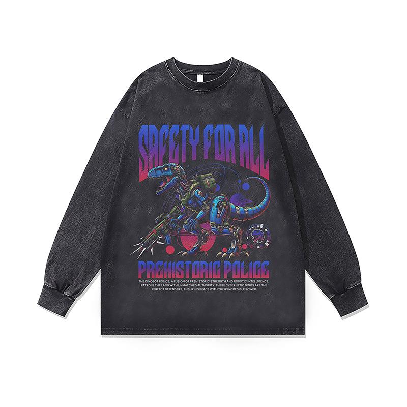 Heavy Weight Cotton Bottoming Shirt Dark Cartoon Digital Direct Injection Printing Retro Washed Long-Sleeved T-Shirt Men