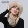 Hot Sale Rex Rabbit Fur Hats Scarf Set Elastic Knitted Winter Hat Women Genuine Warm Fur Caps Luxury Woman Fox Fur Bucket Hat