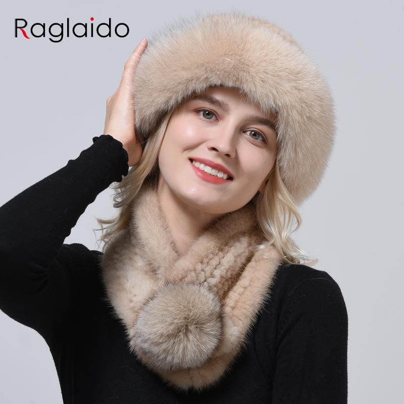 Hot Sale Rex Rabbit Fur Hats Scarf Set Elastic Knitted Winter Hat Women Genuine Warm Fur Caps Luxury Woman Fox Fur Bucket Hat