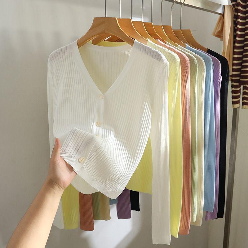 Dames Lente/Zomer V-hals Gebreide Vest - Lange Mouw, Lichtgewicht Slim Fit Jas