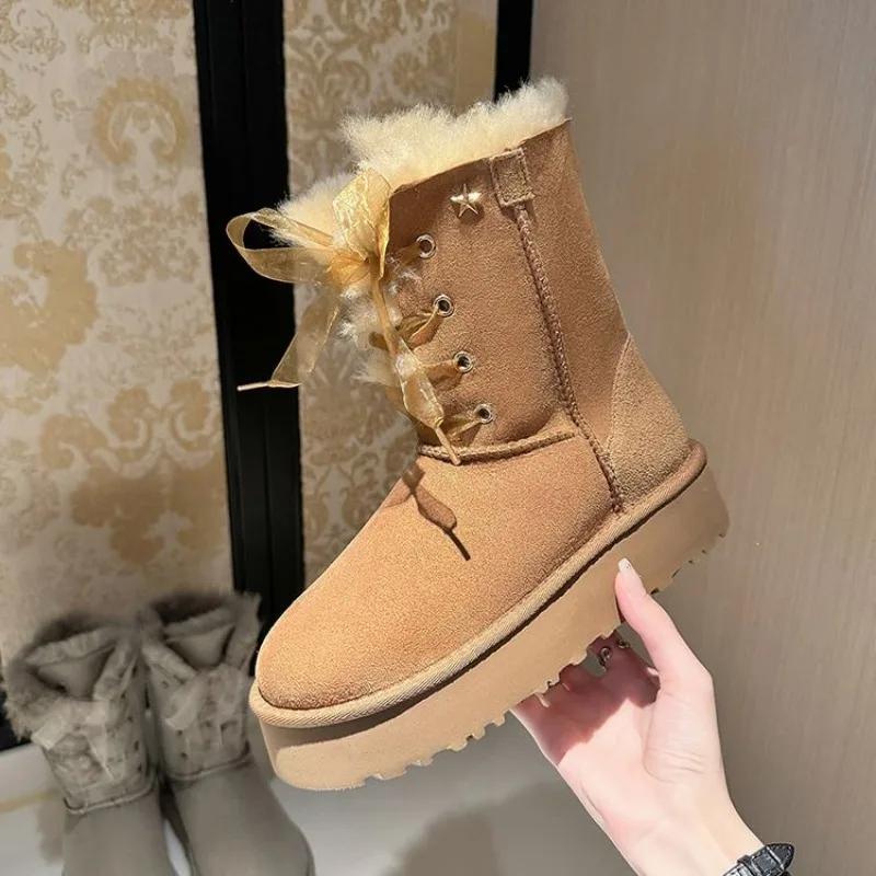 Fashion New Retro Winter Cow Suede Warm Snow Boots Handmade Women's Cute Round Head Thick Bottom with Suede Warm Cotton Boots Size 40