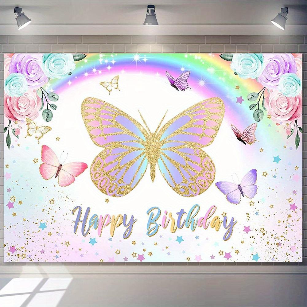 Photography background: Rainbow butterfly birthday background  purple and pink flower butterfly birthday background  polyester 100x150cm