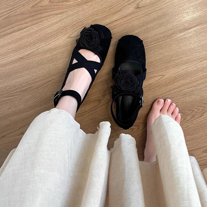 Fashion Elastic Cross Band Ballets Woman Belt Buckle Flats Shoes Lace Flower Mary Janes Ladies Flock Loafer Femme Bride Dance Ballerinas