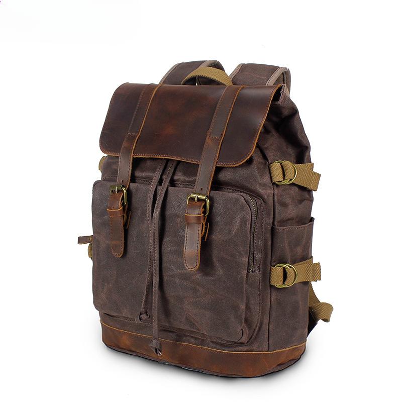 Backpack Male Student Backpack Retro Travel Bag Waterproof Canvas with Top Layer Leather Computer Travel Bag