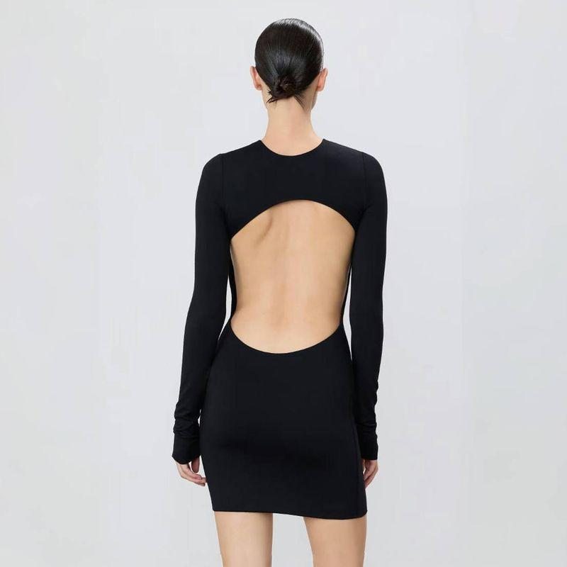 

2025 Early Autumn Retro Crew Neck Sheath Silm Black Dress Sexy Strap Showing Chest Pad Base Long Sleeves Dress Black S