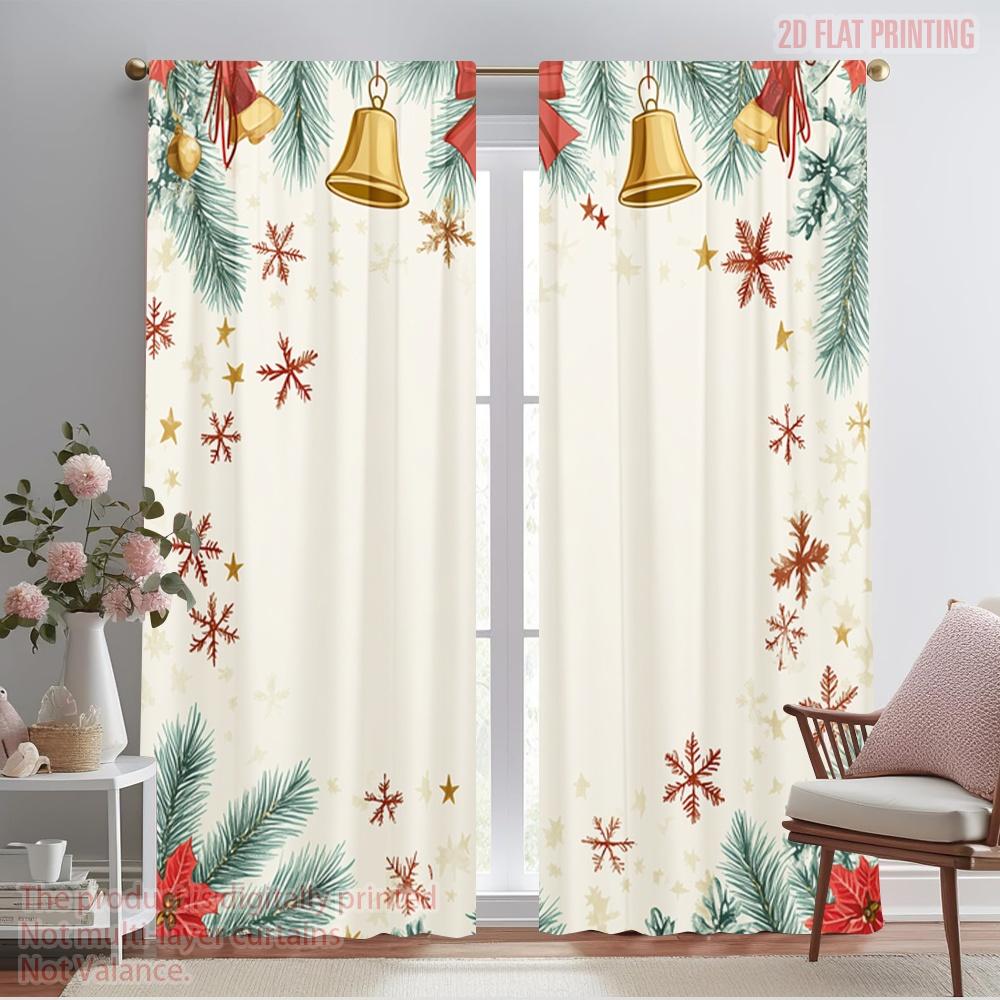 

2pcs,2D plane printing Window Curtain Christmas Bells Stars Holly Versatile Polyester (without rod) Decorations For Home Use for 52.50×116.00 CM 2pcs
