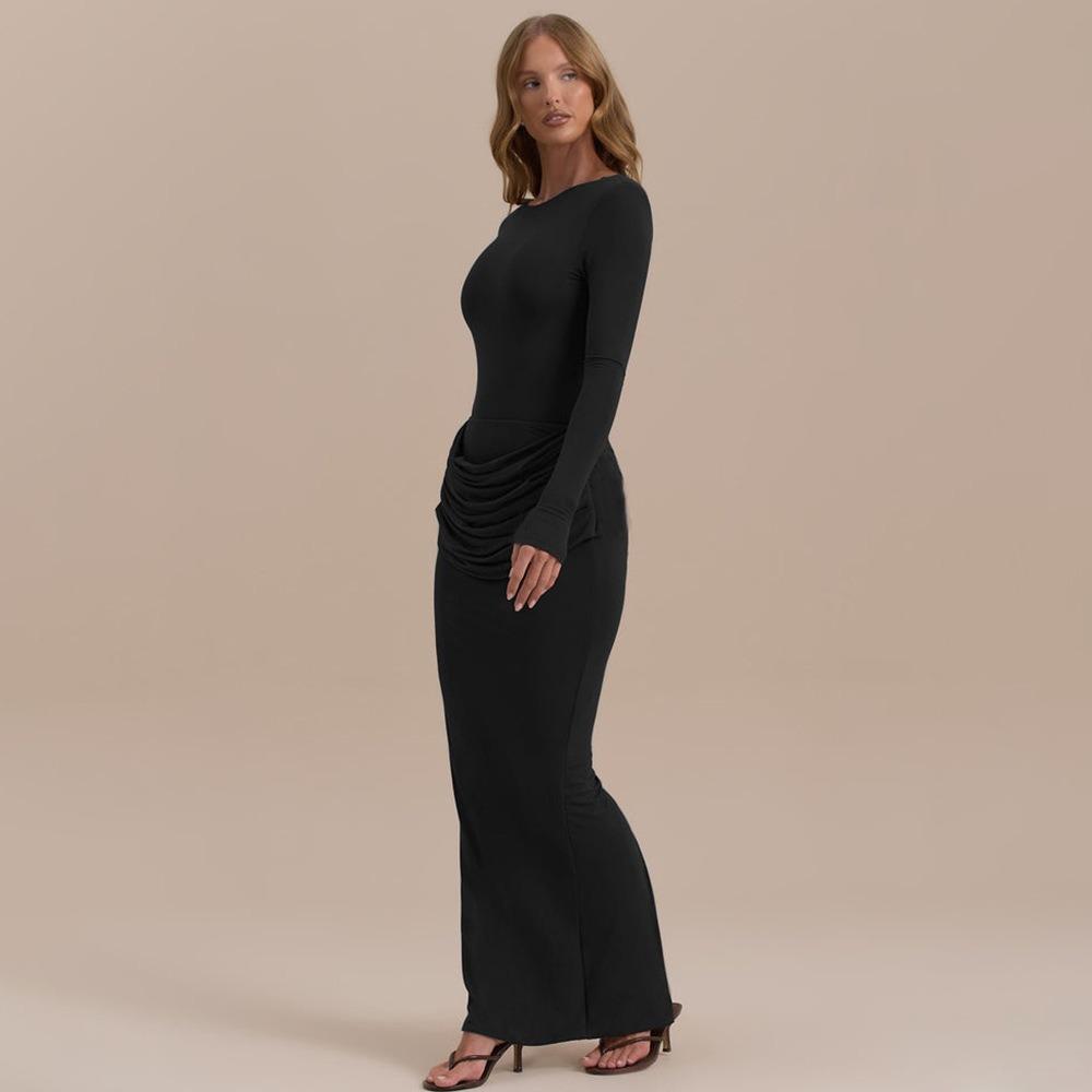 Women's Crew Neck Long Sleeve Maxi Dress High Waist Ruched Slim Bodycon Mermaid Dress Solid Milk Silk Evening Gown