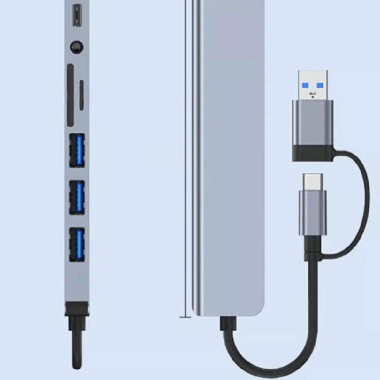 Aluminum 8 In 1 USB C Adapter Hub with 4 USB Port Splitter Adapter Small Card Reader and 3.5 Auditory Port Efficient