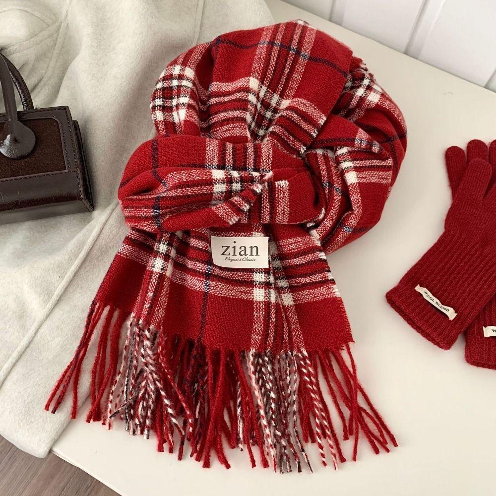 Sweet Winter Knitted Scarves New Year Red Long Shawl Warm Plaid Wool Scarf  Student