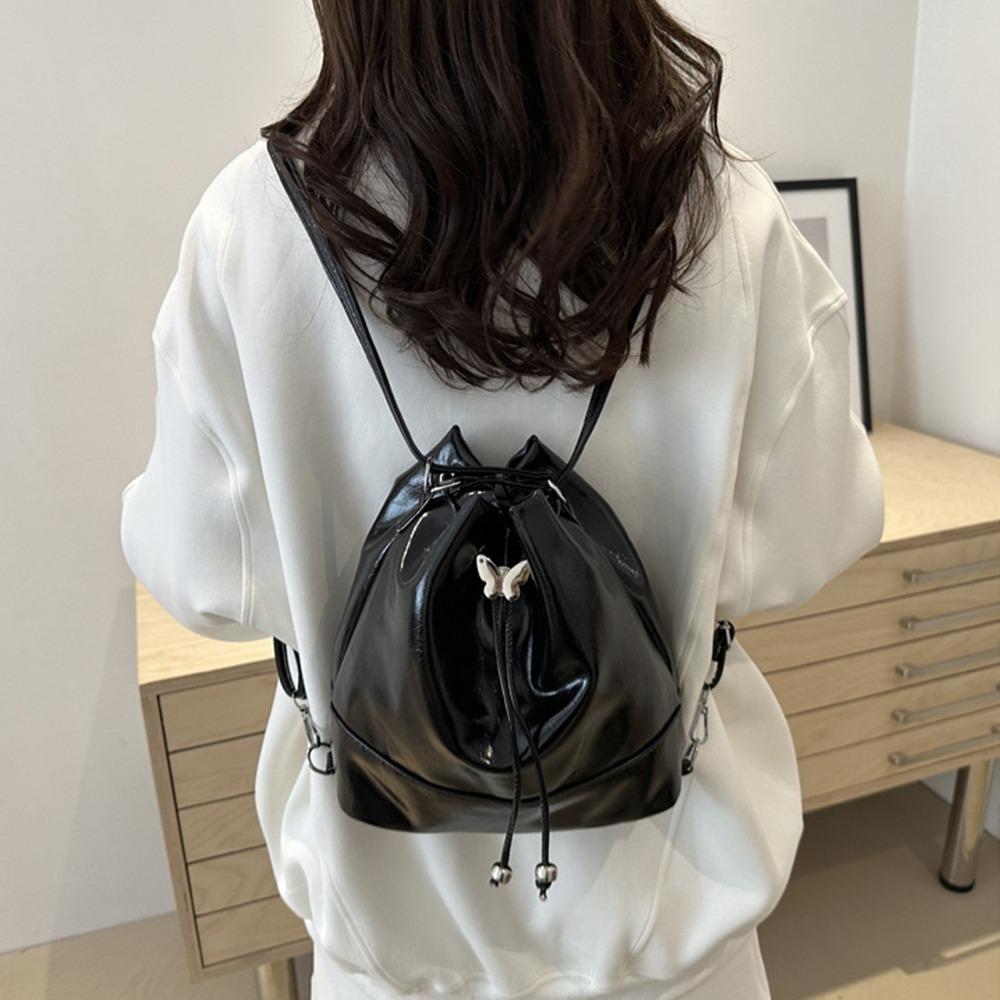Large Capacity Drawstring Bucket Bag Preppy Style Shoulder Bag PU Bowknot Backpack  Shopping