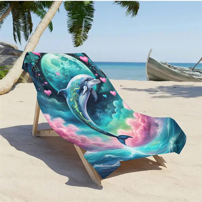1PCMagical Moon Dolphin Beach Towel, Quick Dry Sand Free Oversized Microfiber Towel