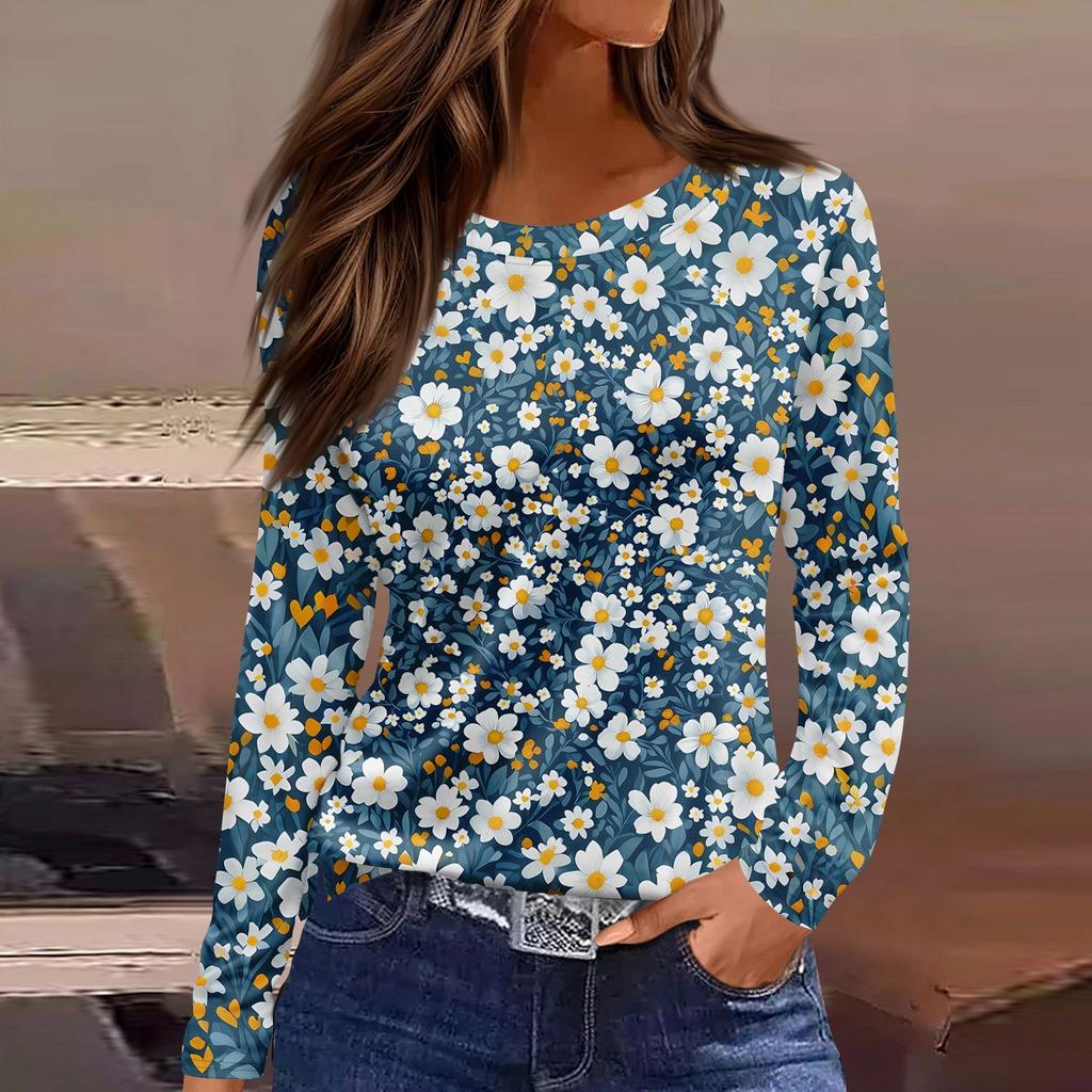 Maglietta da donna alla moda casual con spacchi sul fondo, scollo rotondo, manica lunga, ampia, stampata