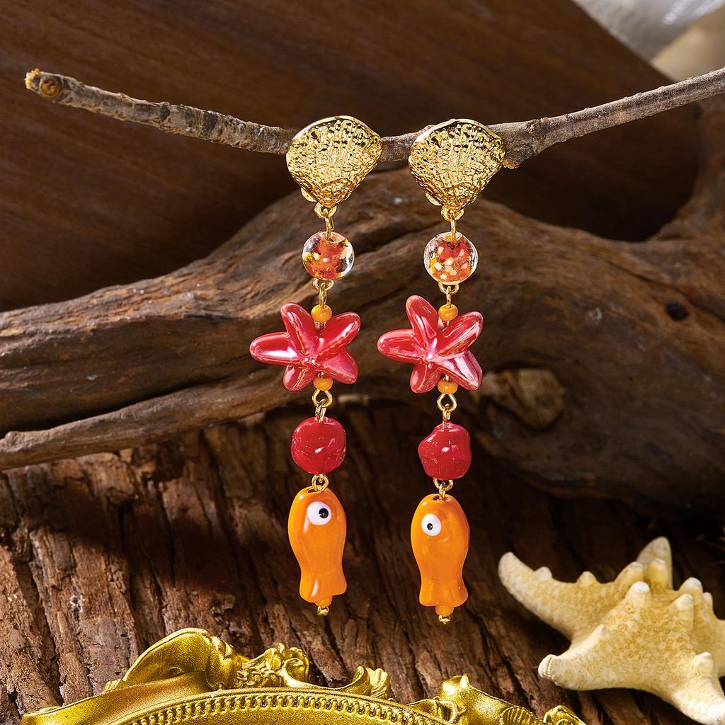 Colorful Dopamine Red Starfish Cartoon Fish Dangle Earrings For Women Beach Metal Scallop Beaded Long Earring Vacation Jewelry